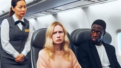 إمرأة بيضاء تجلس بجانب رجل أسود بالطائرة